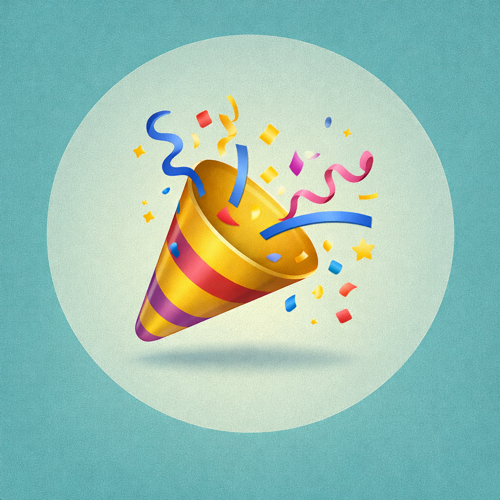 Colorful party popper emitting confetti and streamers on a teal background.