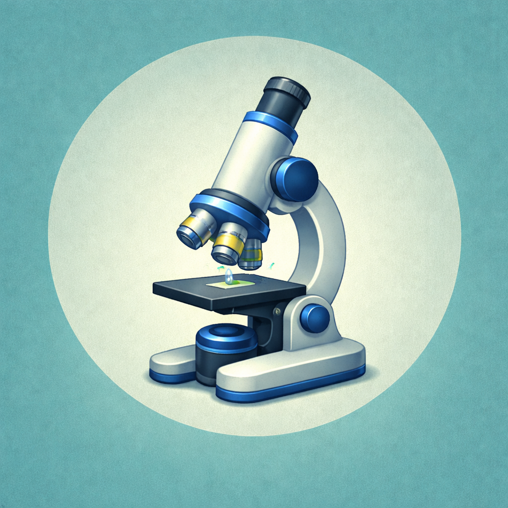 Blue and gray microscope with a slide and a droplet on a teal background.