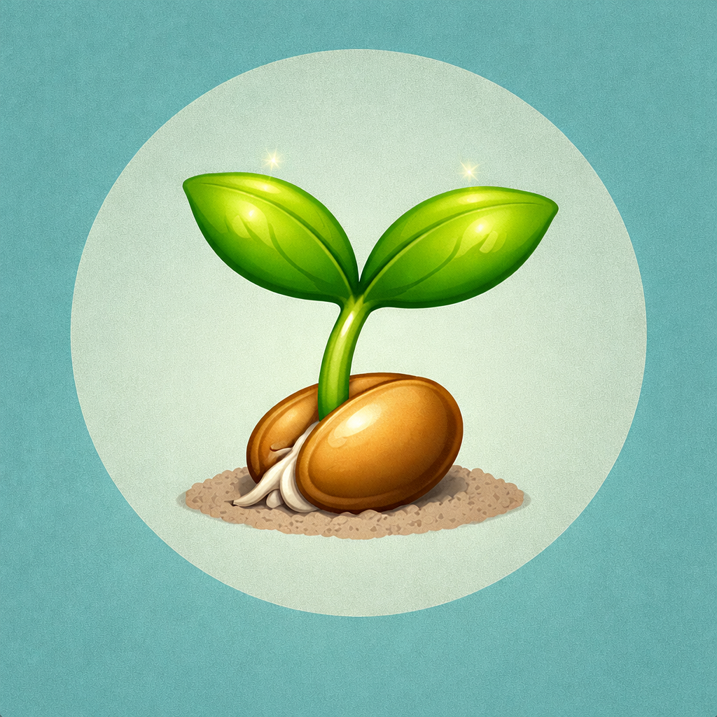 Illustration of a sprouting seed with two green leaves emerging from brown seed halves in soil, on a light circular background with blue surrounding.