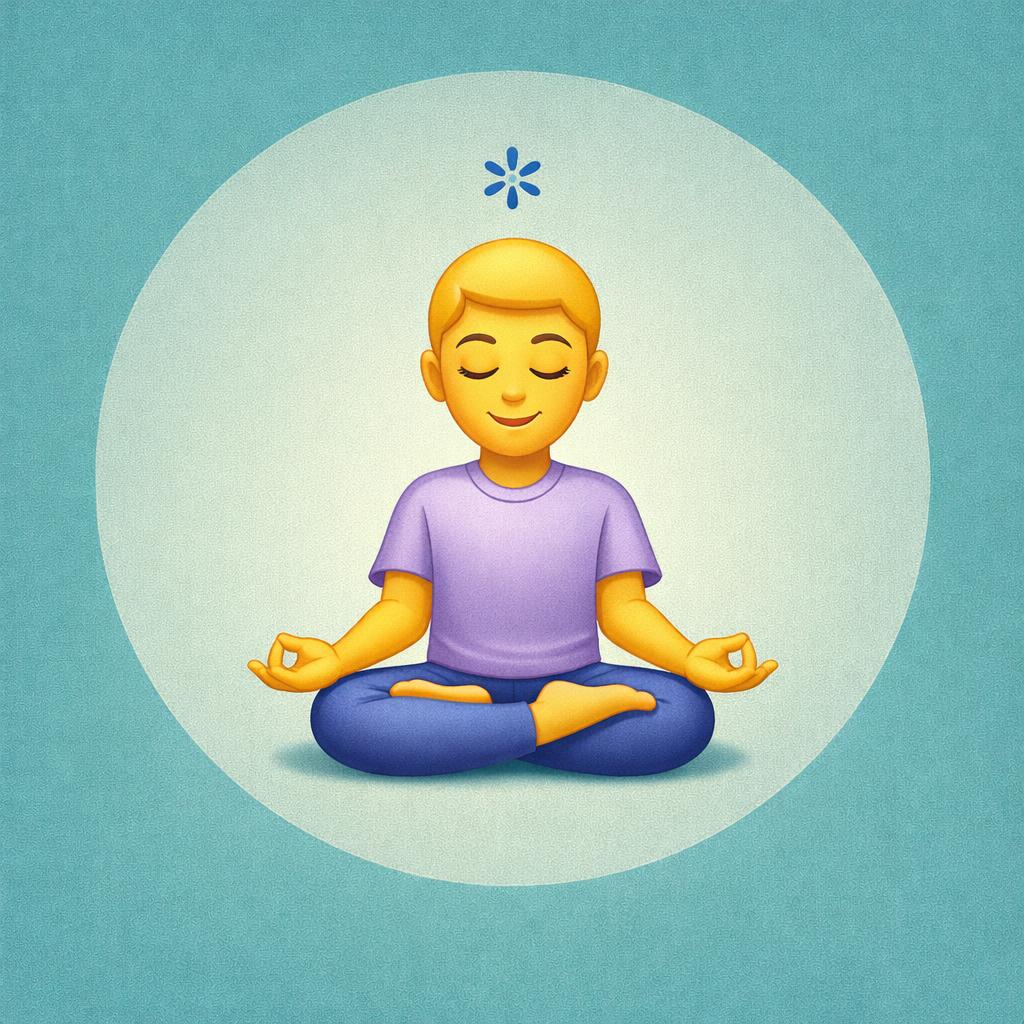 Emoji of a person sitting cross-legged in meditation with eyes closed and a calm smile, on a teal and light blue circular background.