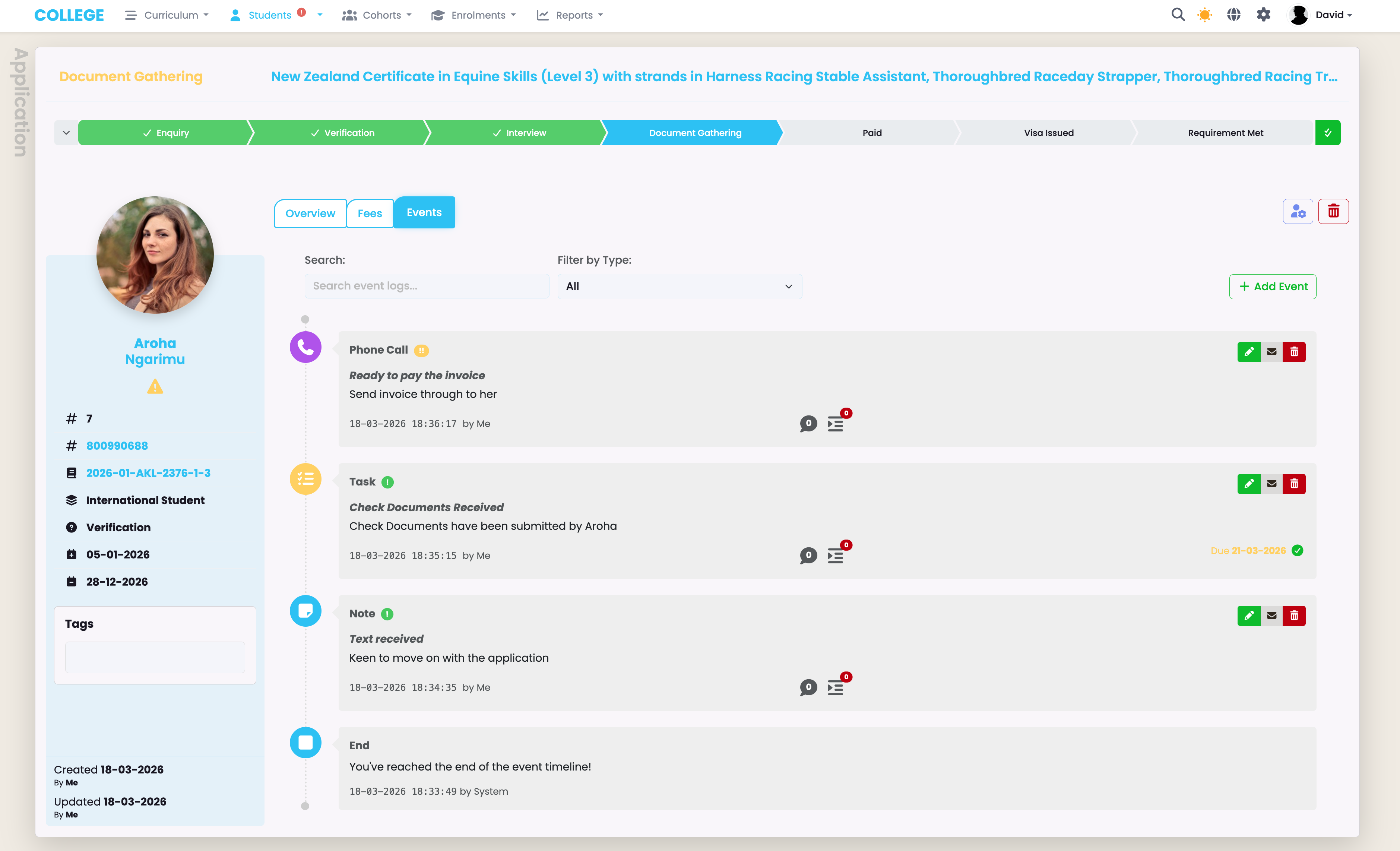 SELMA CRM showing student application pipeline and contact event log
