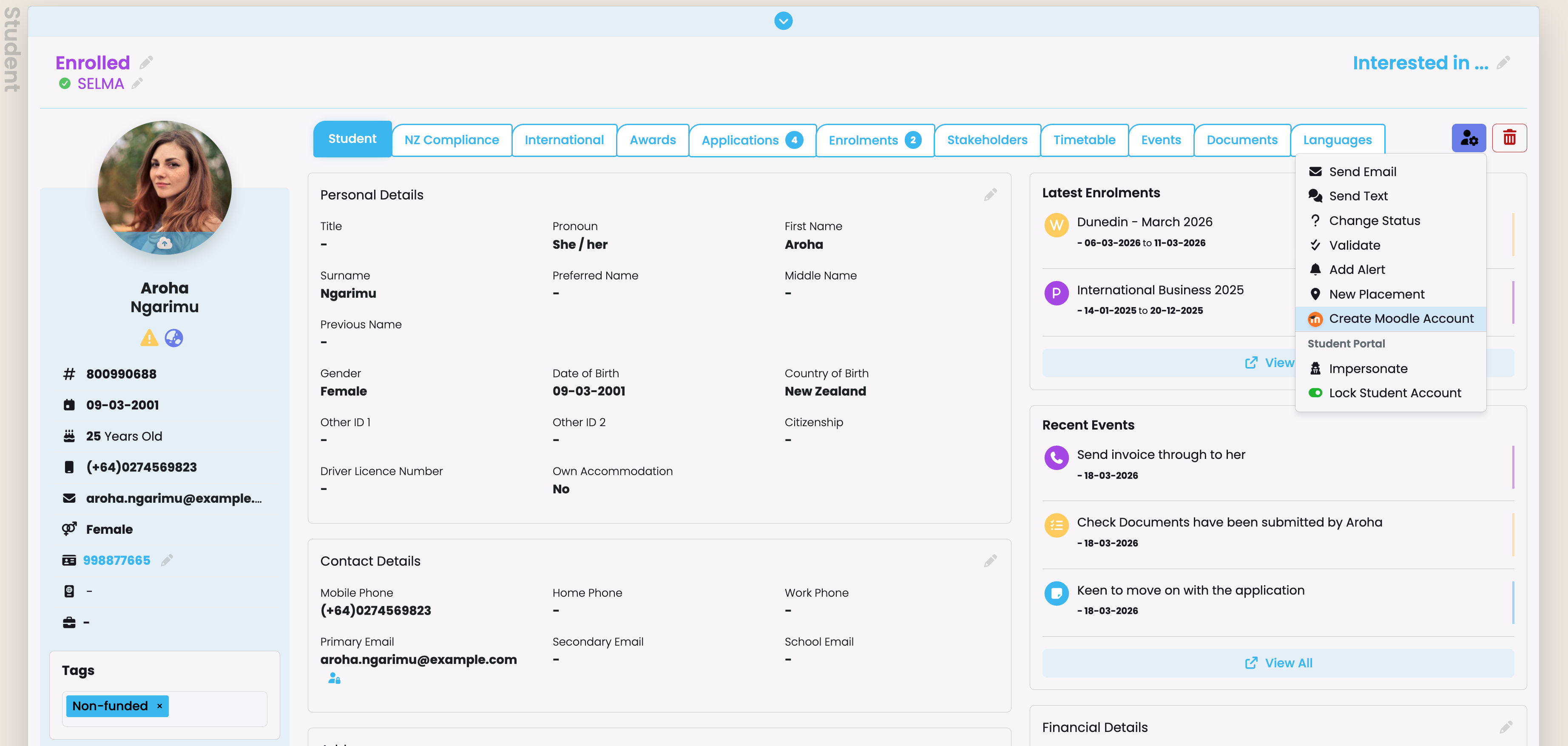SELMA SIS student profile screen showing the Create Moodle Account action in the student actions menu, with enrolment history, personal details, and recent events visible for a student record
