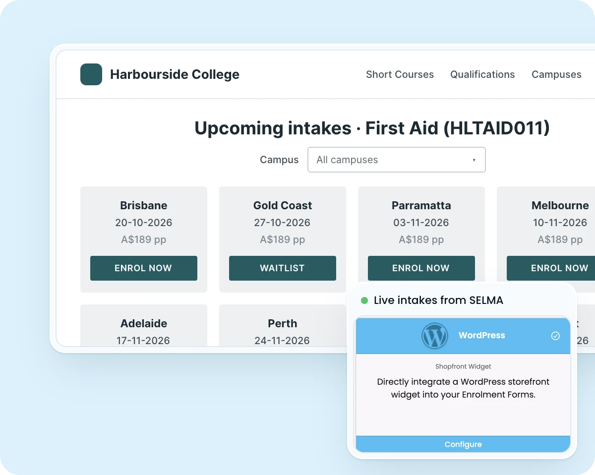 SELMA short course shopfront showing upcoming First Aid intakes by campus, with enrol and waitlist buttons