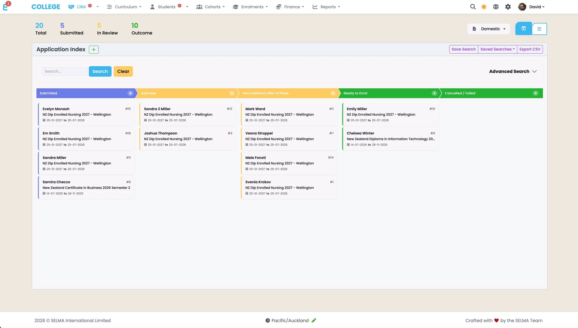 SELMA CRM application pipeline from submitted to ready to enrol