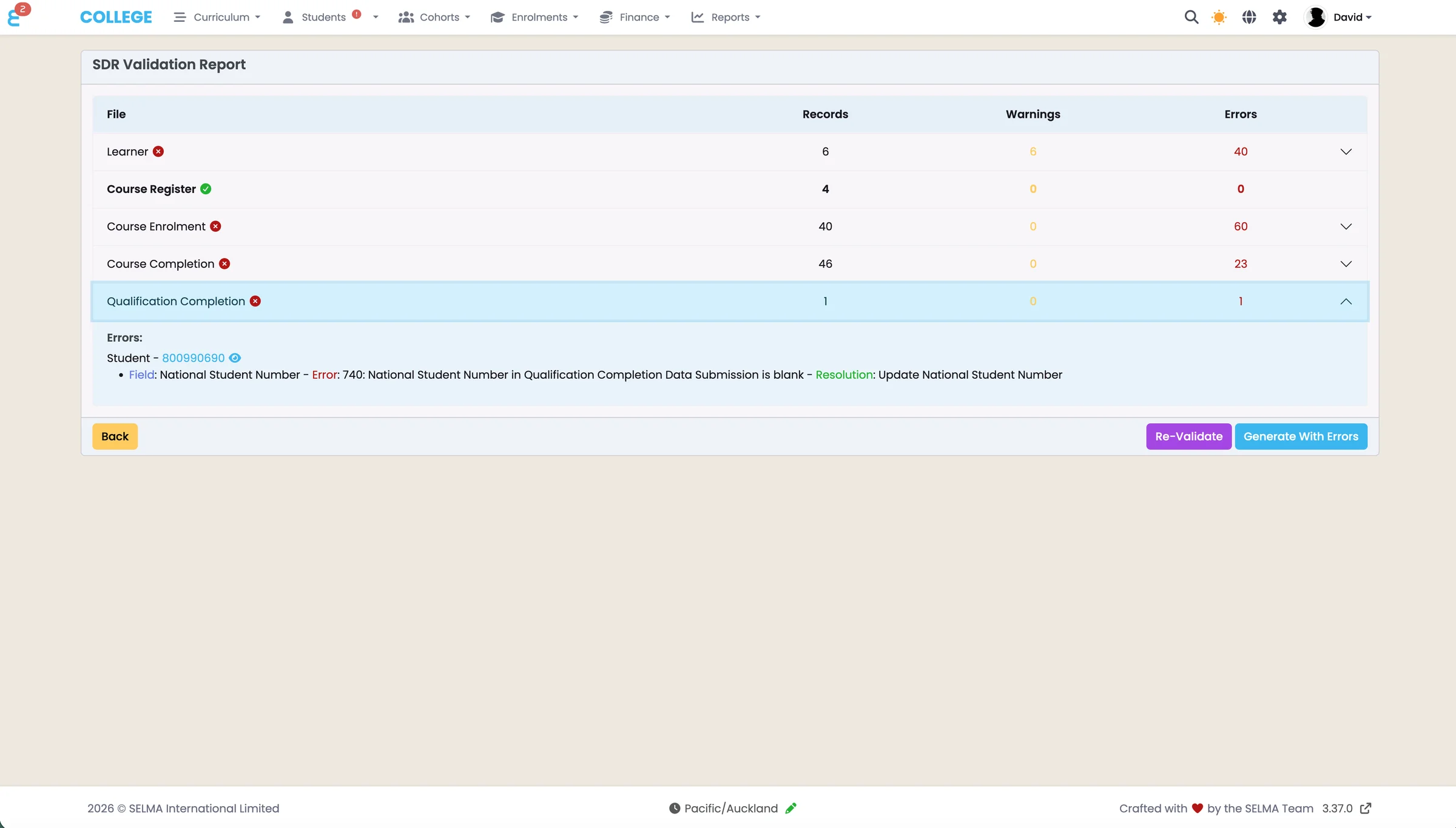 SELMA SDR validation report showing errors to fix before submitting to TEC