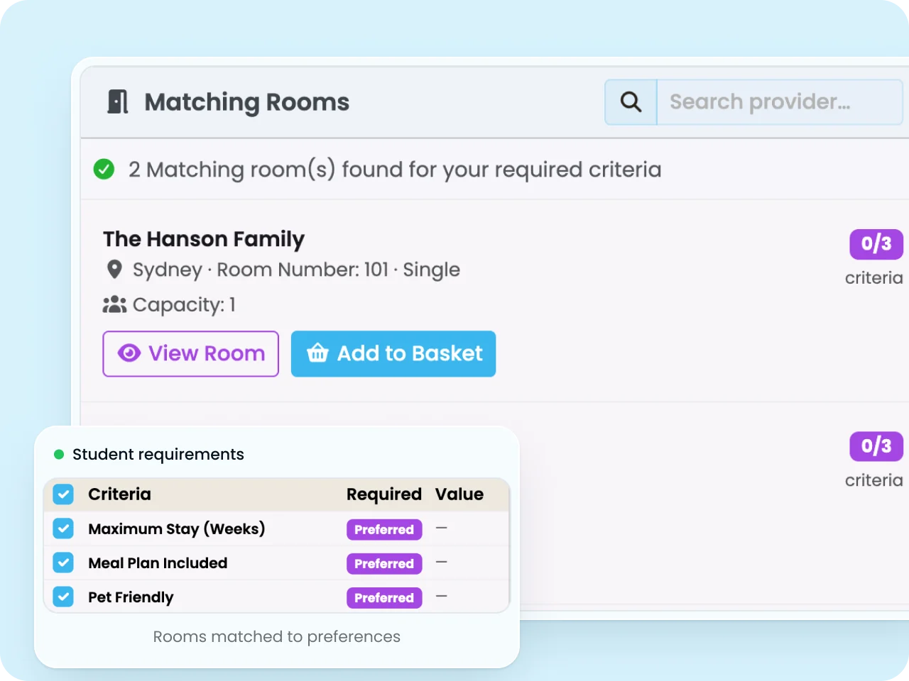 SELMA new accommodation booking matching a student's requirements to available homestay rooms in Sydney