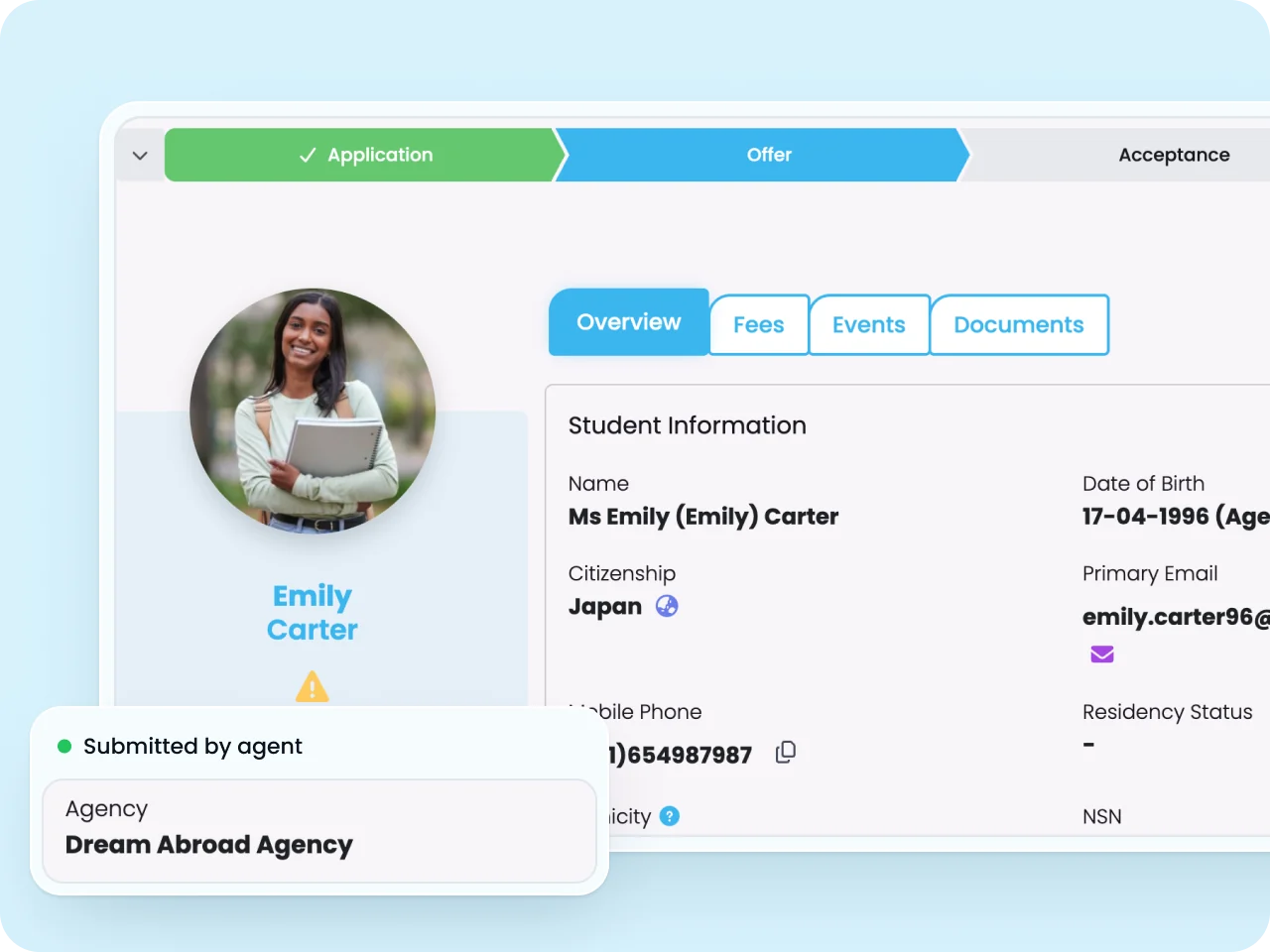 SELMA international application for Emily Carter at the Offer stage, submitted by a recruitment agency