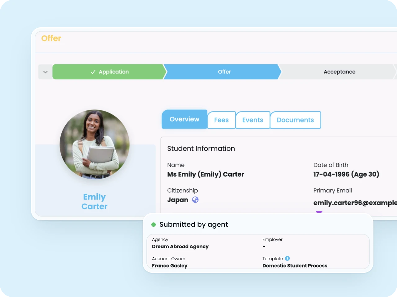 SELMA application moving from the Application to the Offer stage, submitted by a recruitment agency
