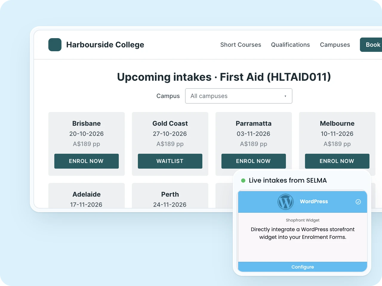 Course intakes from SELMA listed on a training provider's WordPress website, with dates, prices and enrol buttons