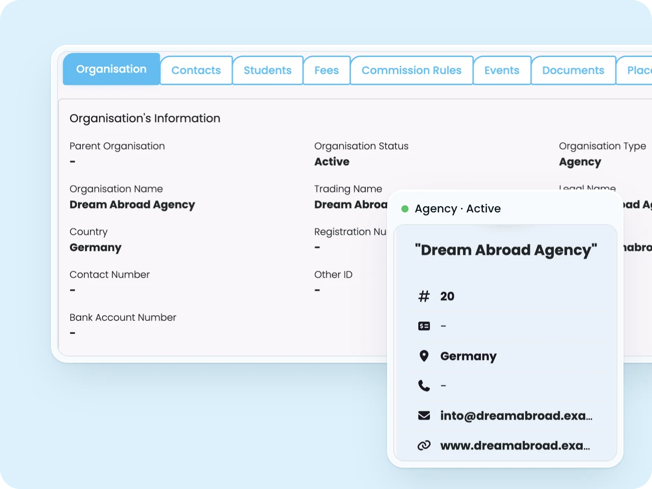 SELMA organisation record for a recruitment agency, with its type, status and contact details
