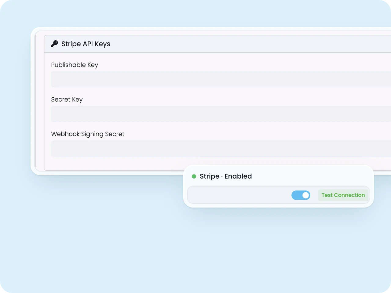 SELMA Stripe integration settings with the API key fields and the integration switched on
