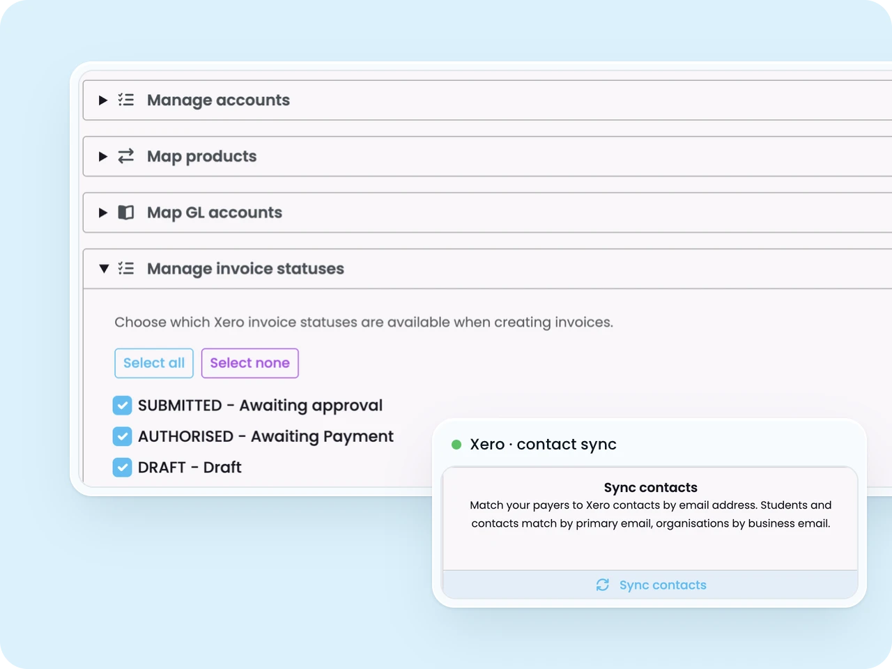 SELMA Xero integration settings for accounts, products, GL accounts and invoice statuses, with contact sync