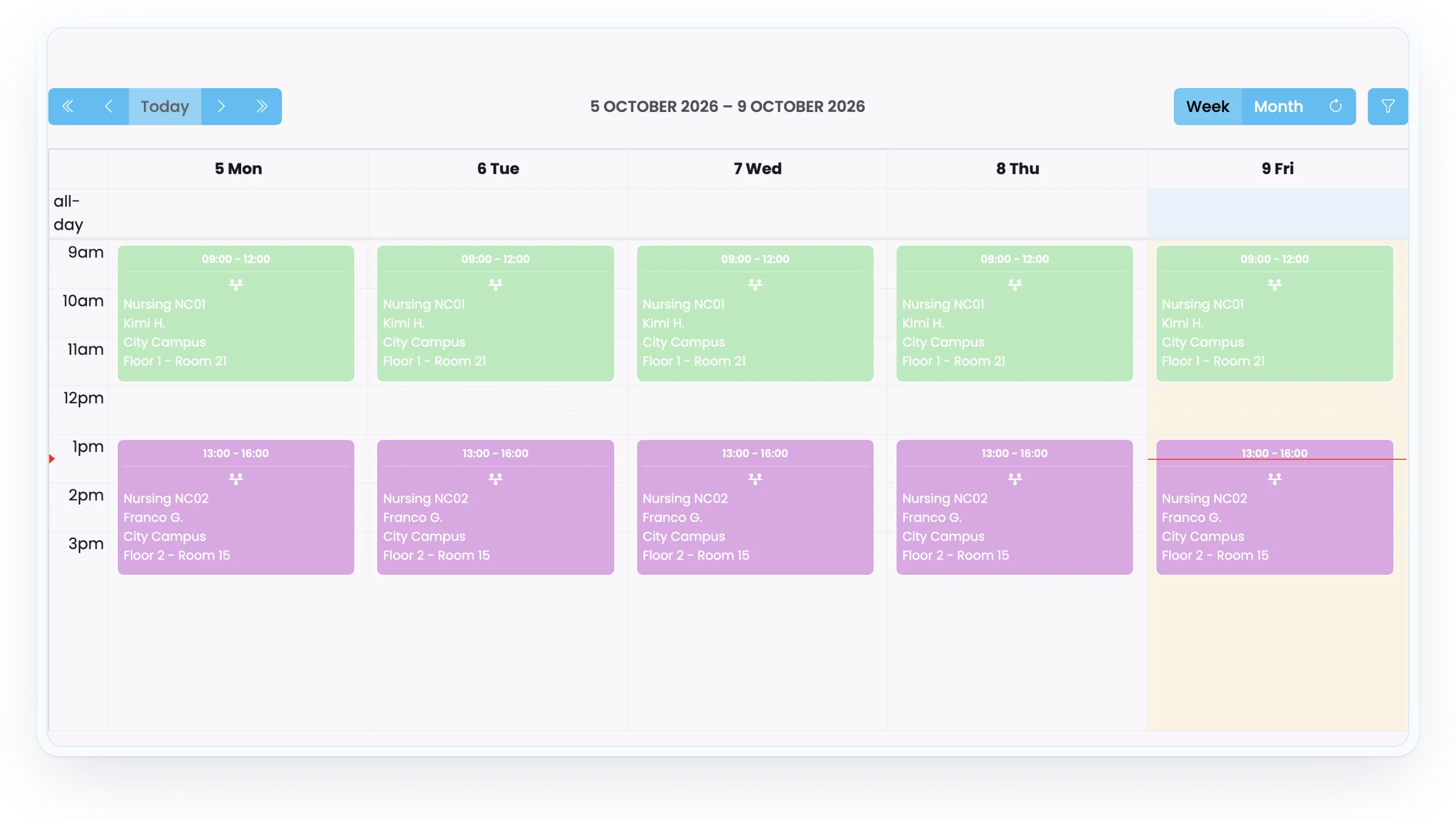 SELMA student portal timetable showing a week of classes with times, teachers, campus and room