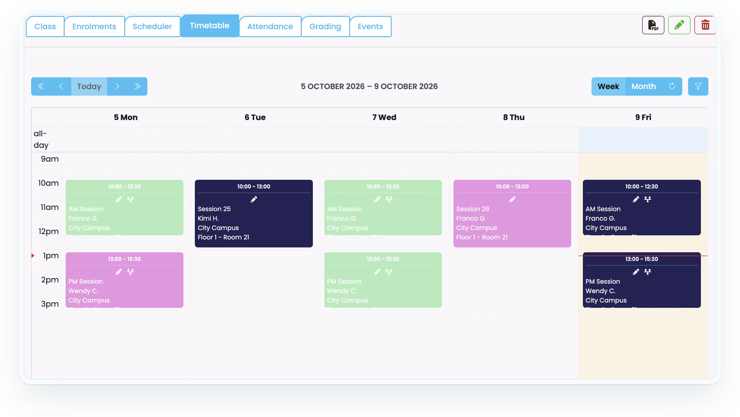 SELMA class timetable showing a week of morning and afternoon sessions with teachers, campus and rooms