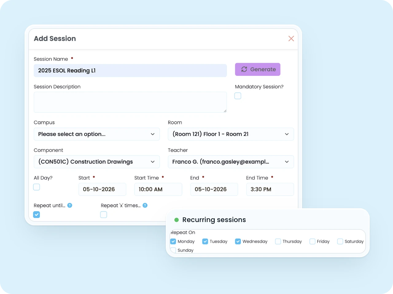 SELMA Add Session form with room, component, teacher, times and weekly repeat days