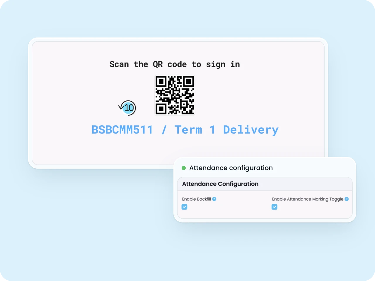 SELMA sign-in screen with a QR code for students to scan and mark their own attendance