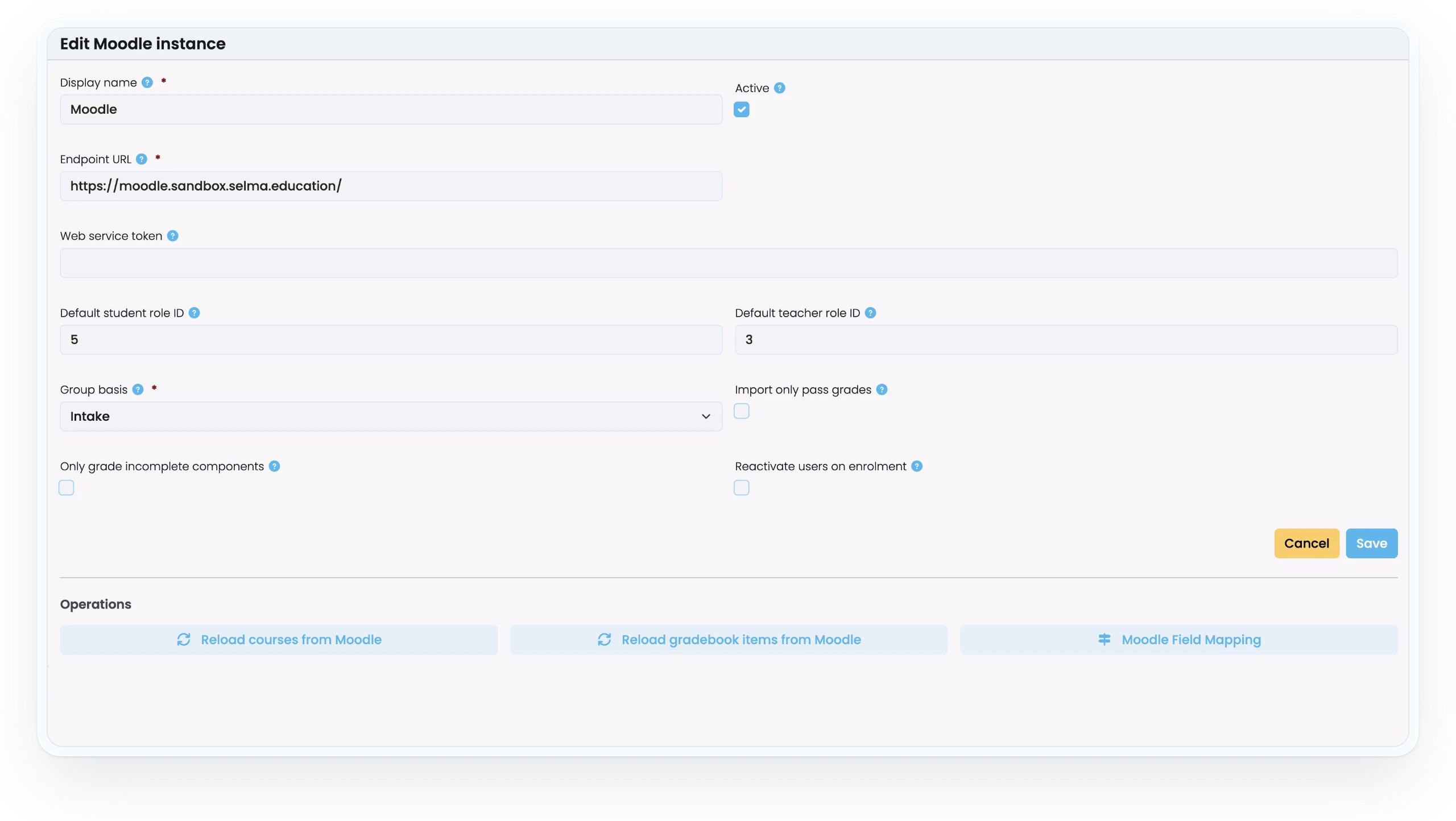 SELMA Moodle connection settings with role mapping, grade import options and course and gradebook sync