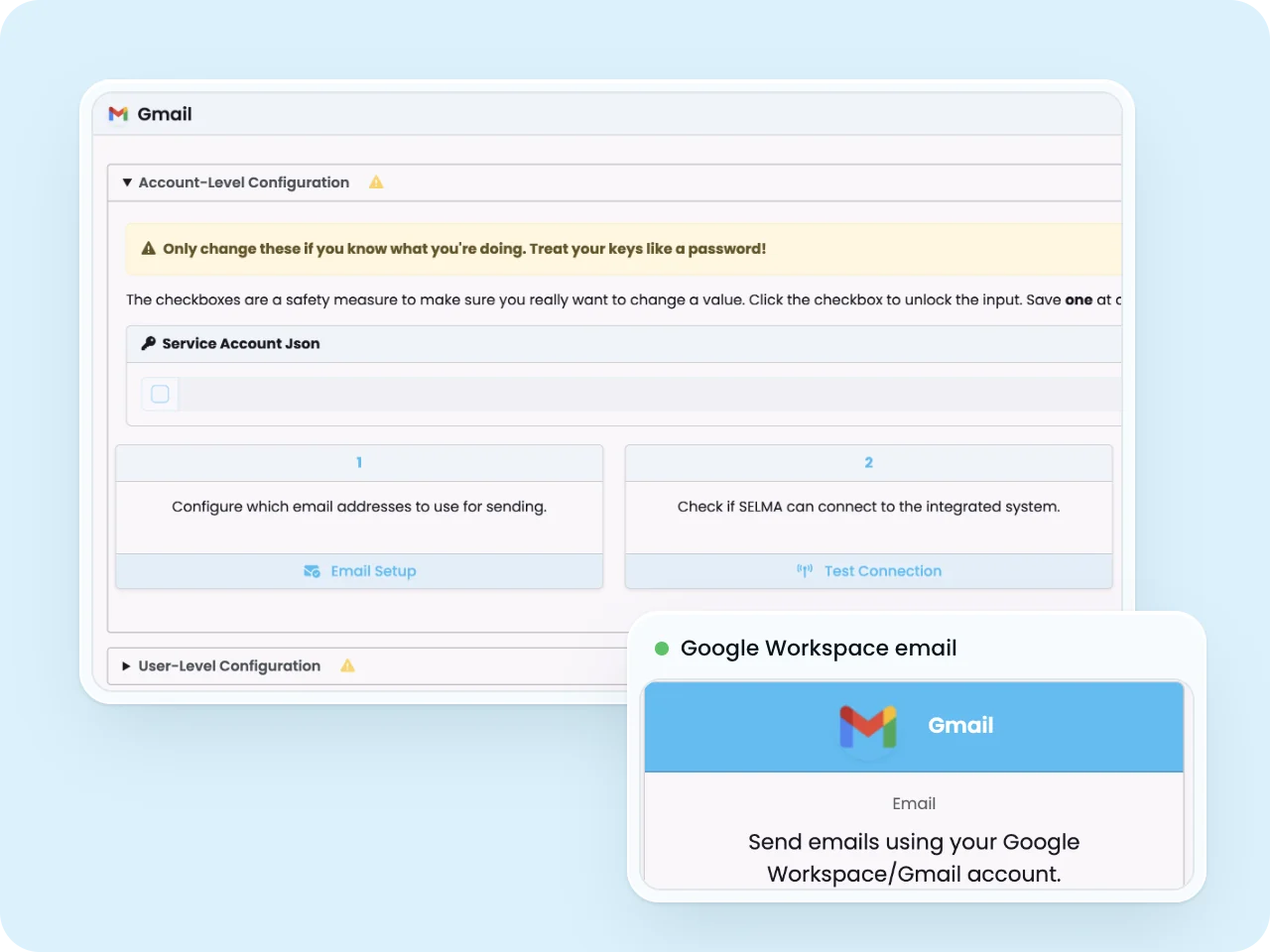 SELMA Gmail integration setup with service account, email setup and connection test steps, and the Gmail integration card