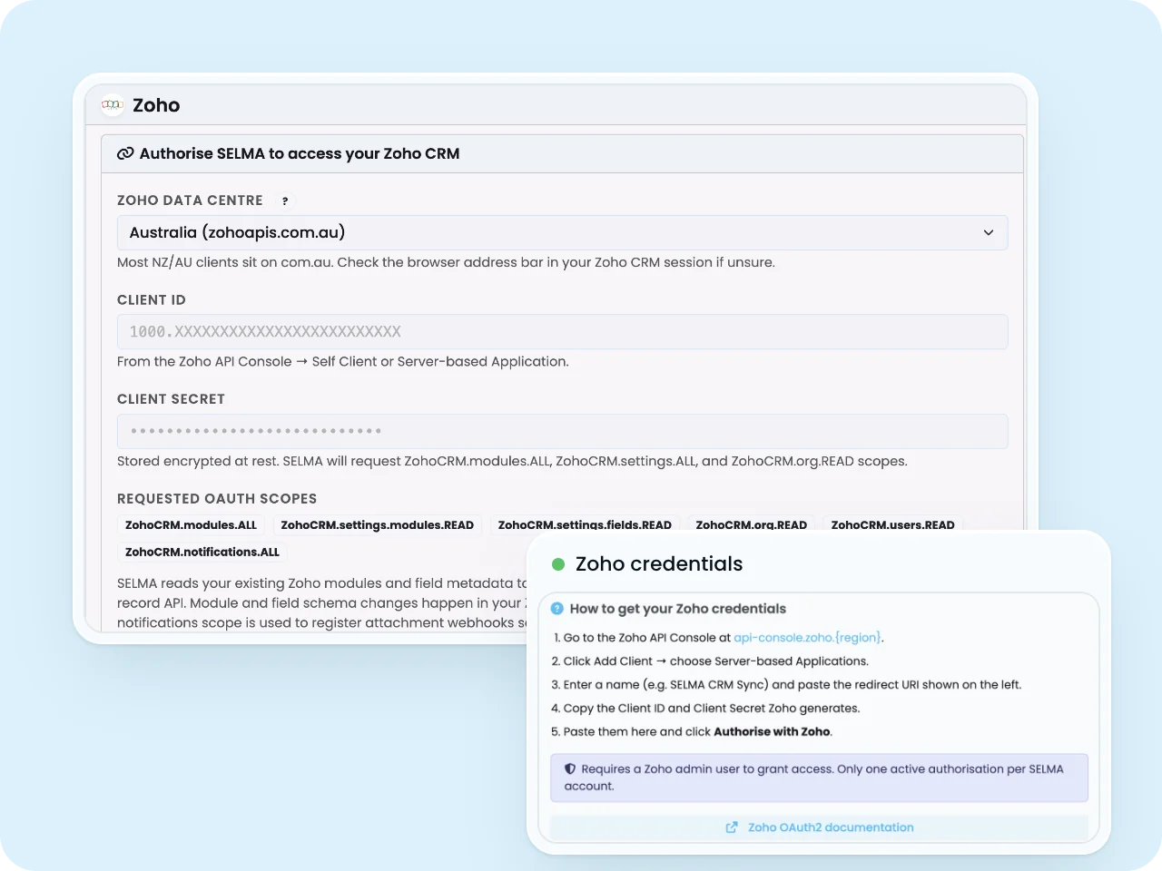 SELMA Zoho CRM authorisation settings with the Australian data centre, client credentials and requested OAuth scopes