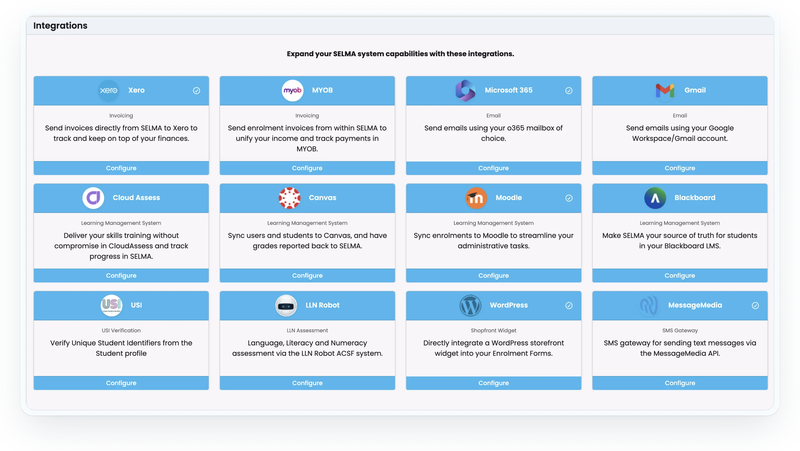 SELMA integrations directory with cards for Xero, MYOB, Microsoft 365, Gmail, LMS platforms, USI, LLN Robot, WordPress and MessageMedia