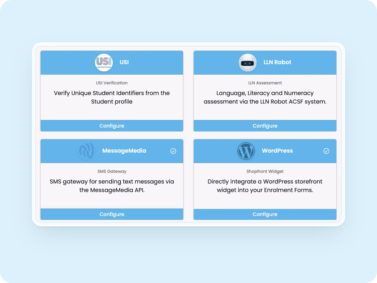 SELMA integration cards for USI verification, LLN Robot assessment, MessageMedia SMS and the WordPress shopfront widget