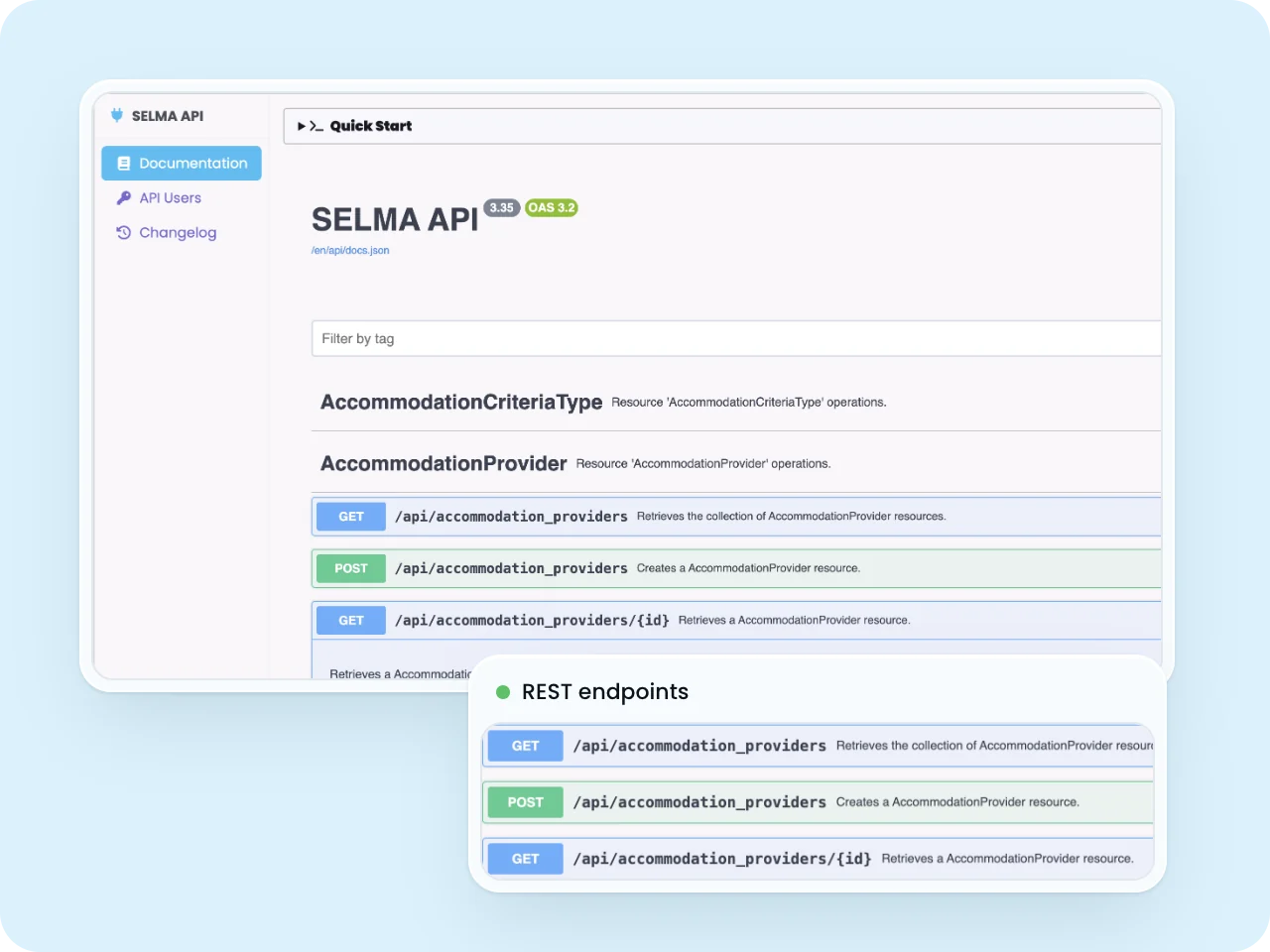 SELMA API documentation with resource groups and GET and POST endpoints for accommodation providers