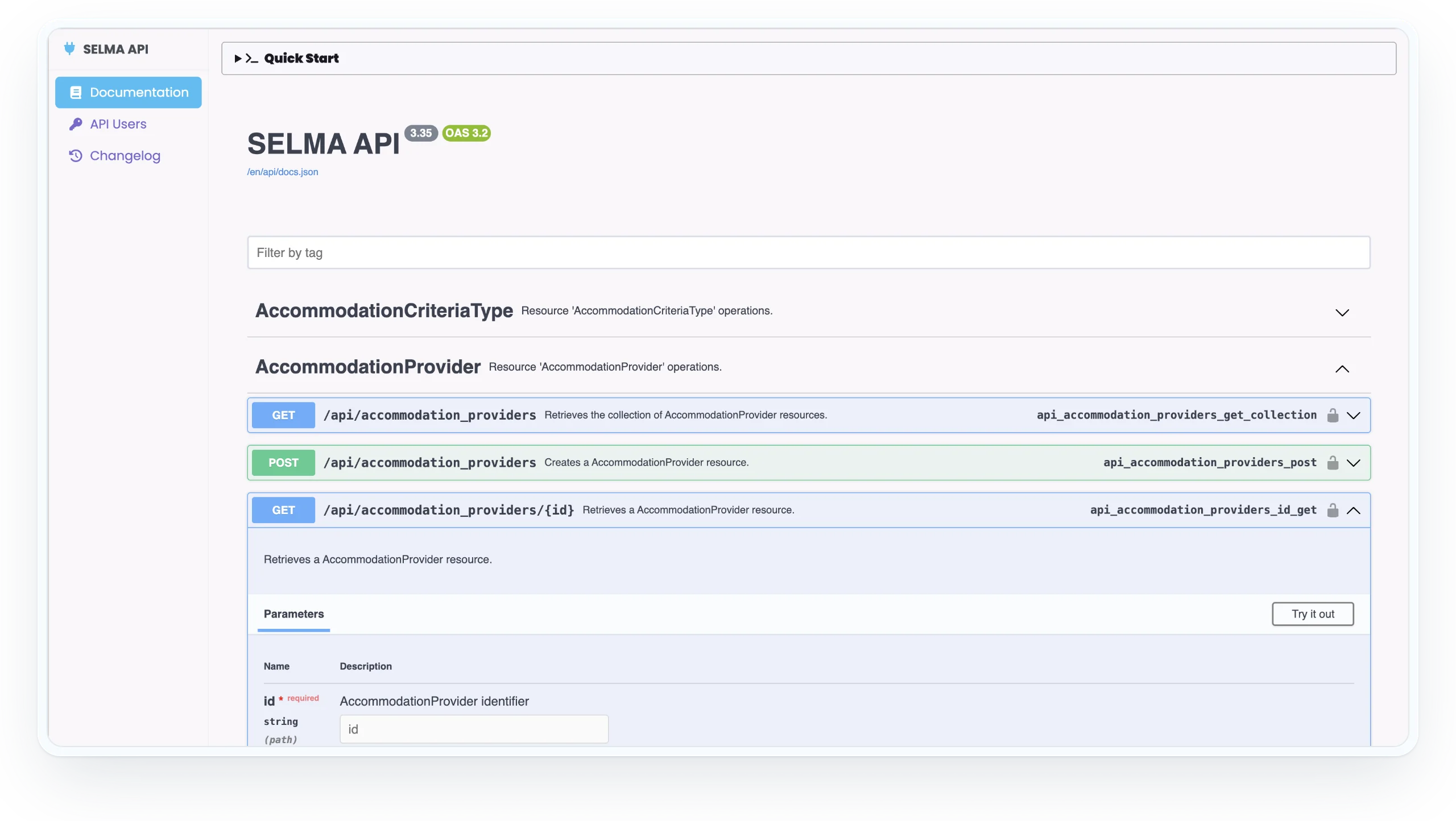 SELMA API documentation showing endpoints for accommodation providers and the parameters of a GET request