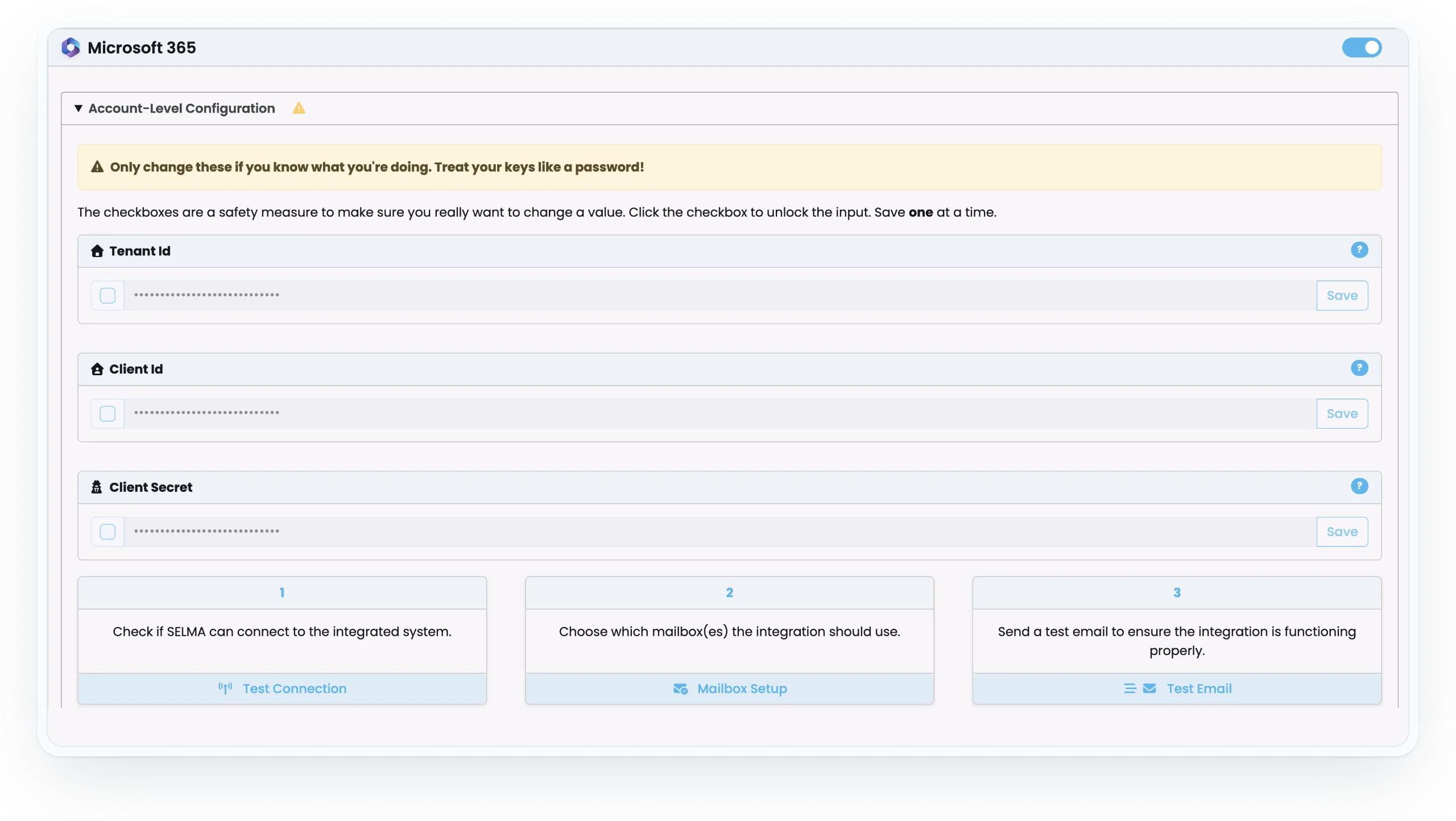 SELMA Microsoft 365 integration settings with masked tenant, client and secret fields and connection, mailbox and test email steps