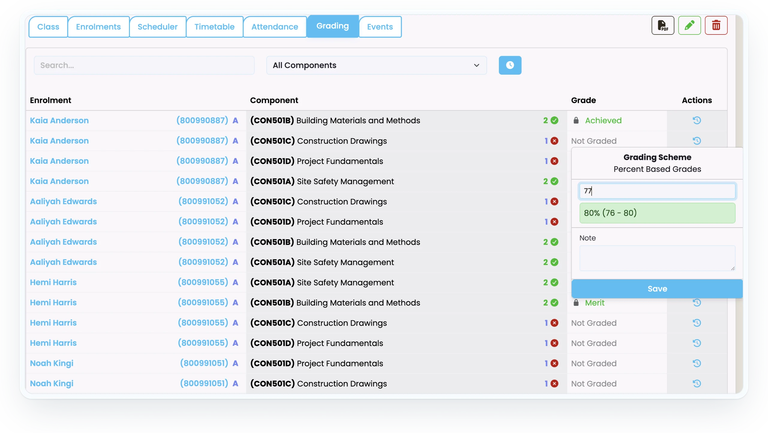 SELMA class grading view listing student enrolments by unit component, with the percent-based grading scheme popover open