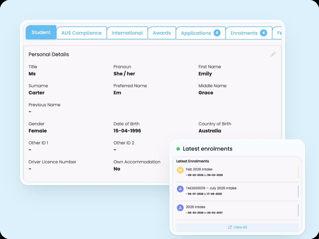 SELMA student profile for Emily Carter showing personal details, AUS Compliance and enrolment tabs, and latest enrolments