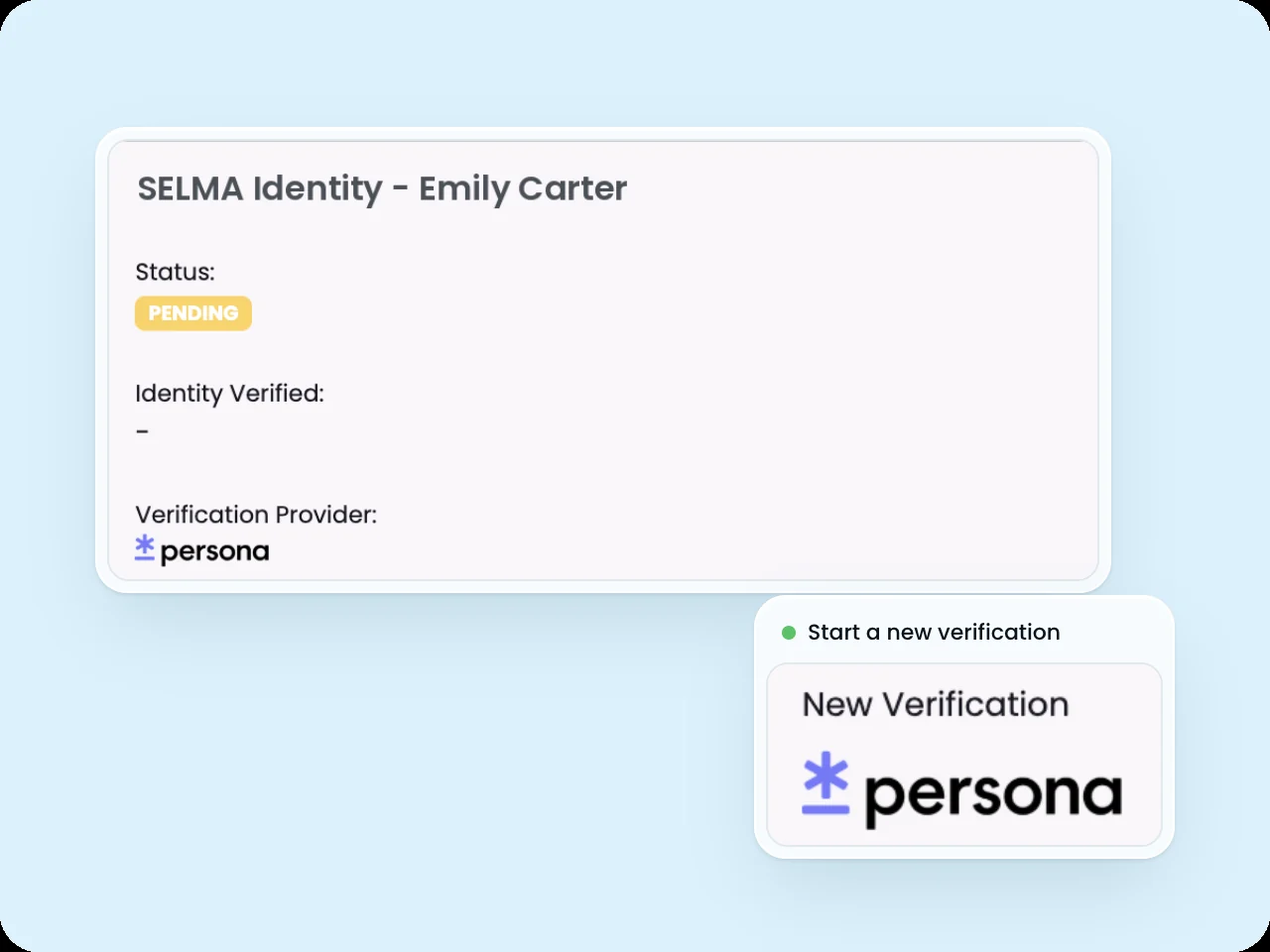 SELMA Identity tab showing a pending Persona identity verification and the option to start a new verification