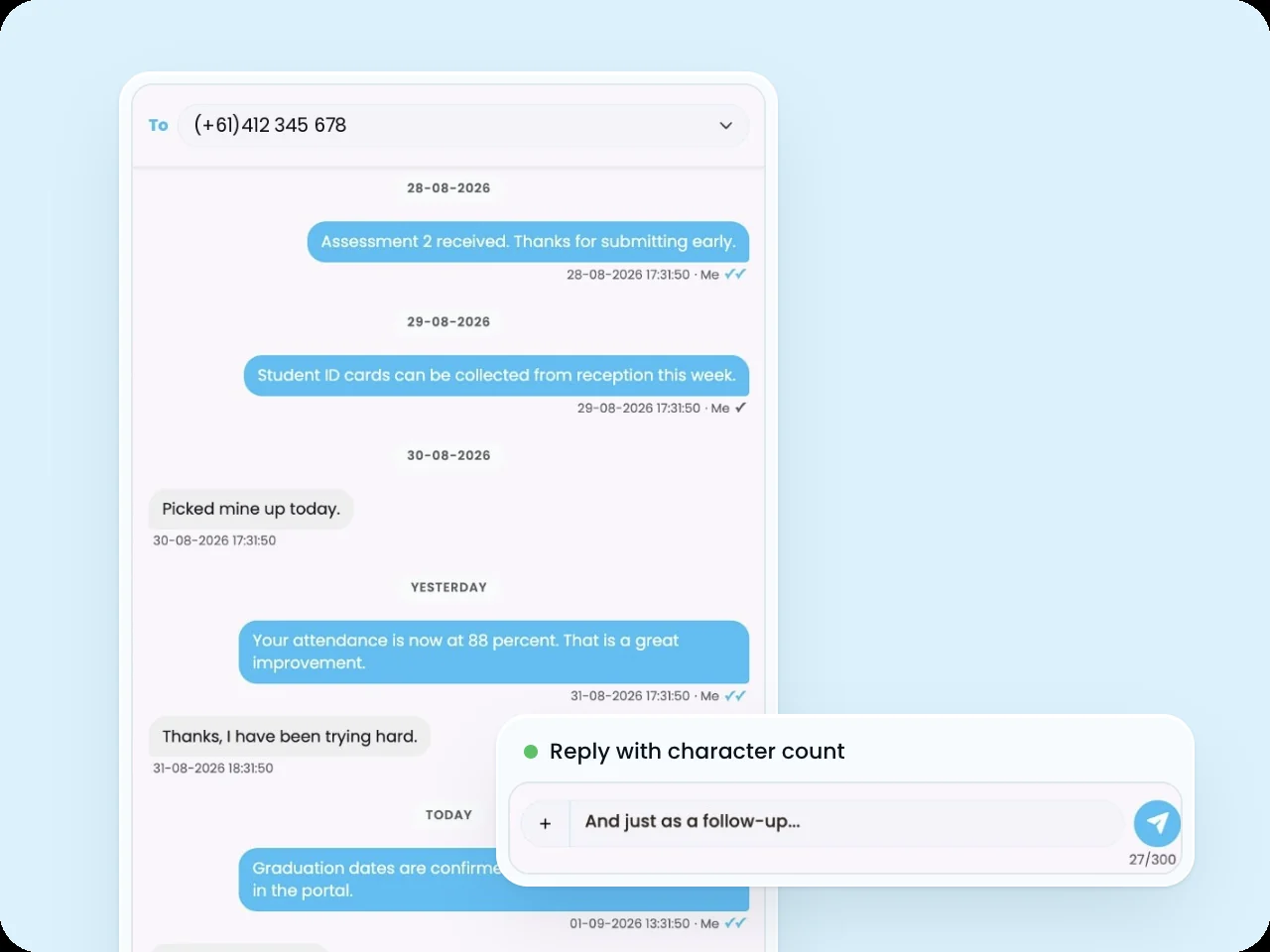 SELMA two-way SMS conversation with a student, showing sent and received messages and a reply box with character count