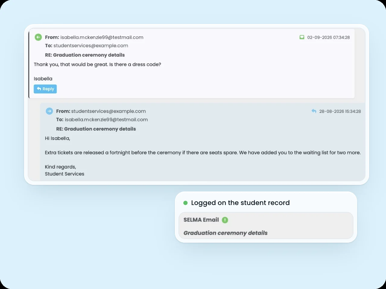 SELMA student event log showing a two-way email thread with a student reply and a staff response
