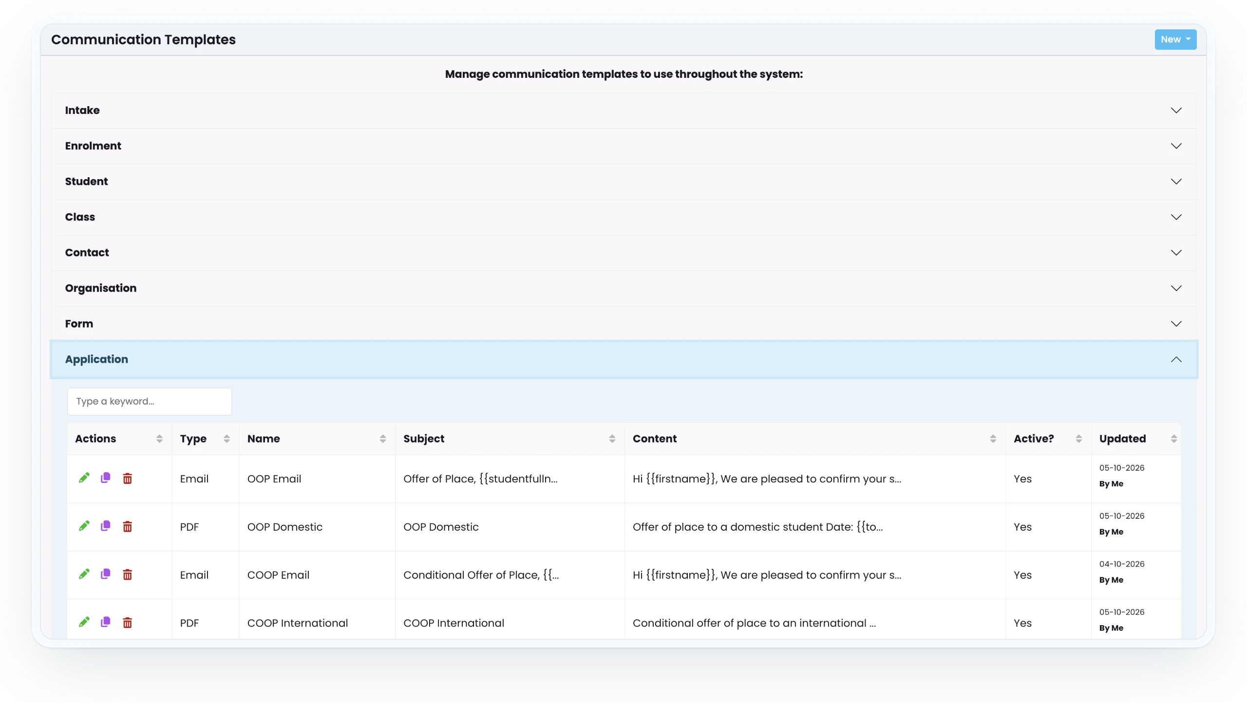 SELMA Communication Templates screen with templates grouped by record type and the Application email and PDF templates listed