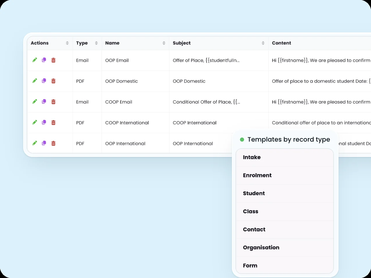 SELMA Application communication templates table listing email and PDF templates, with template categories by record type