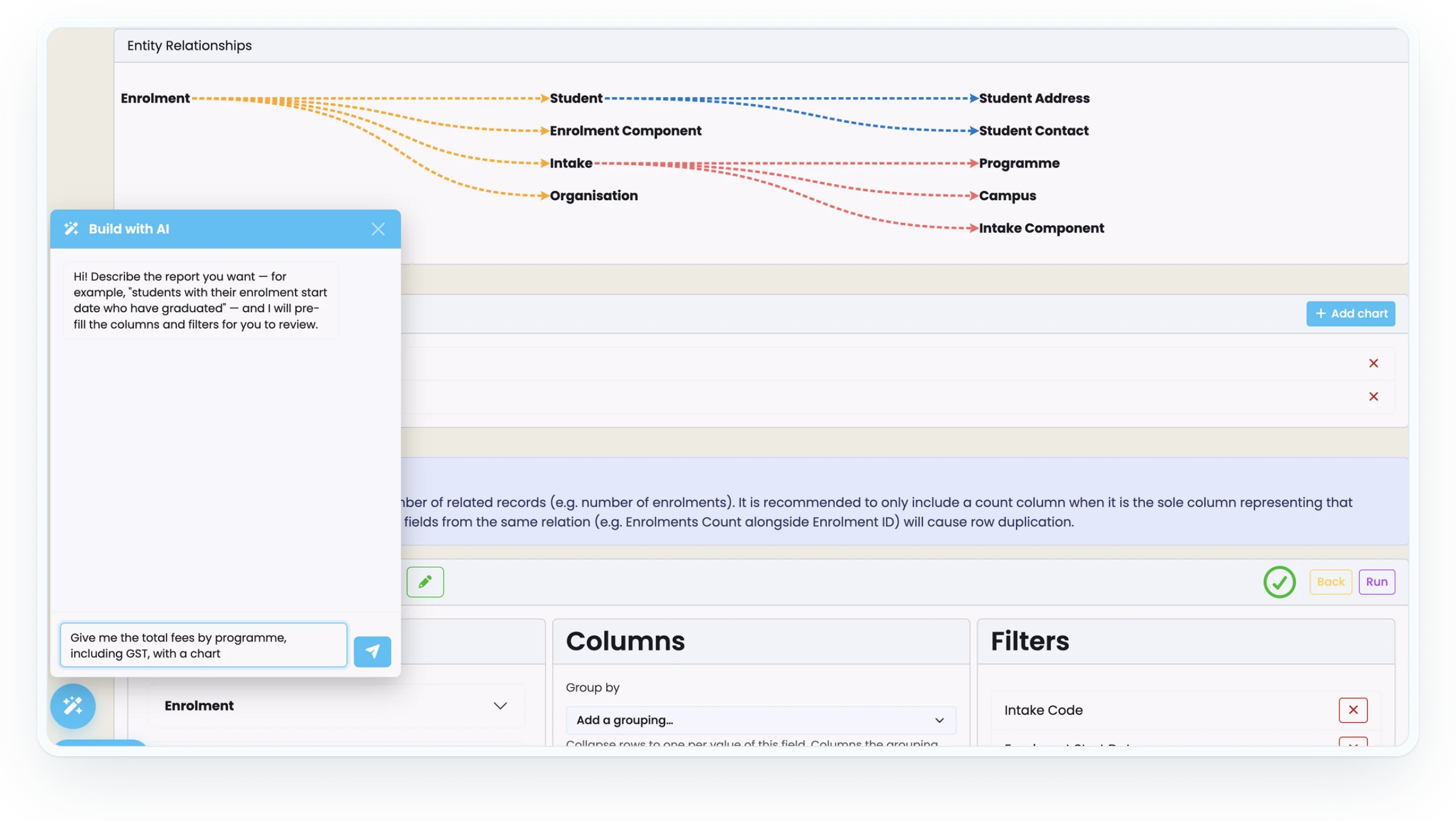SELMA report builder showing entity relationships, the Build with AI assistant, and column and filter settings