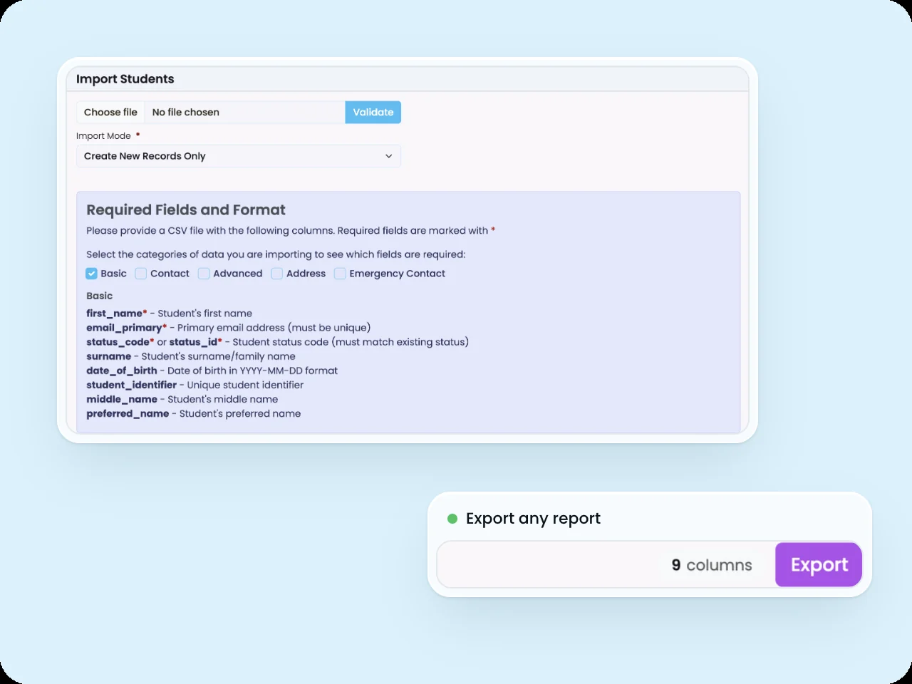 SELMA Import Students screen with CSV file upload, import mode and required field format, plus a report Export button