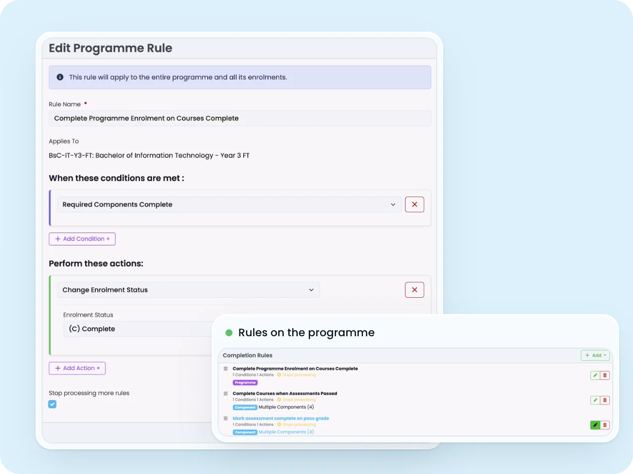 SELMA programme completion rule that sets the enrolment to complete when required components are done