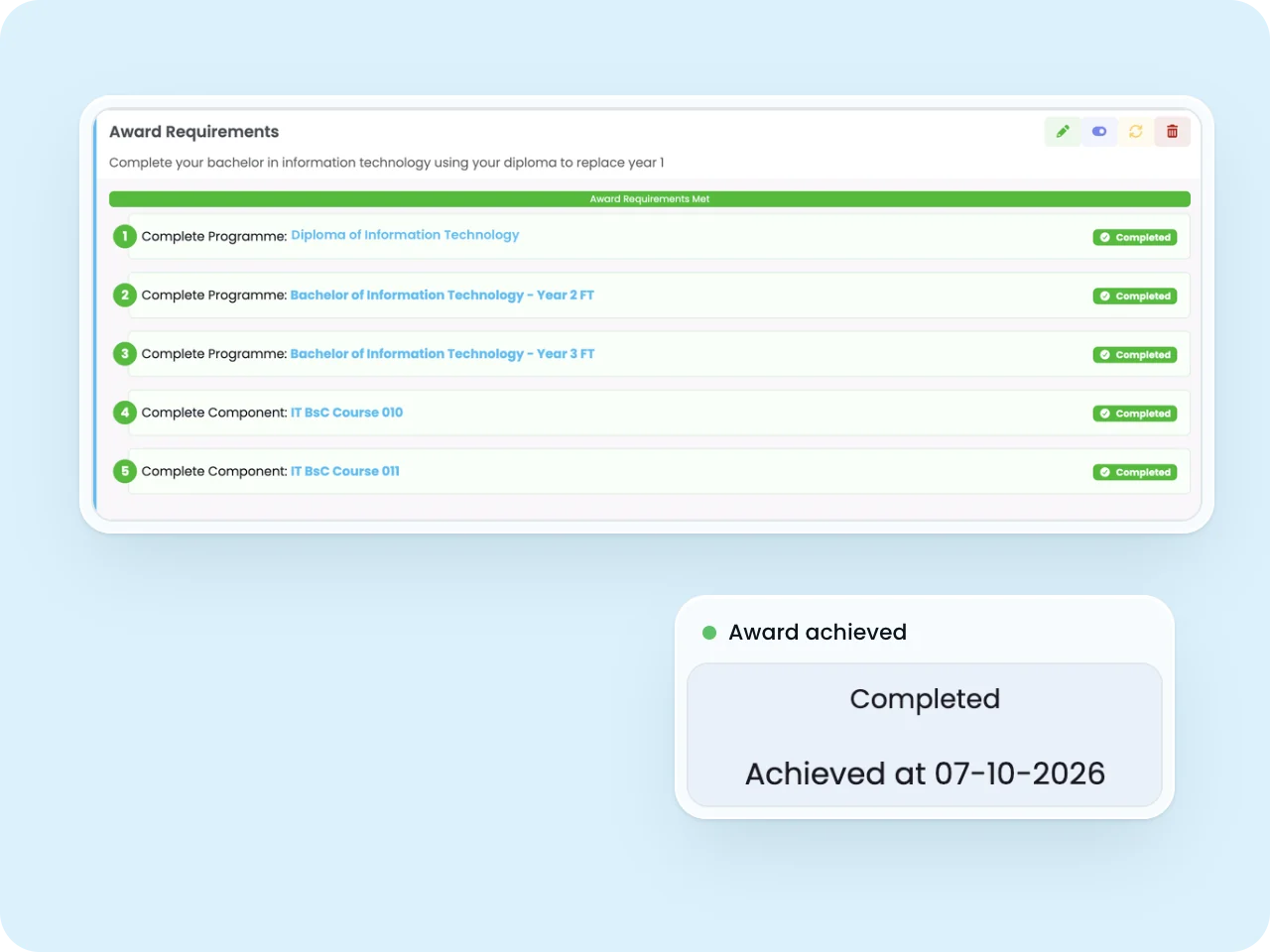 SELMA award requirements showing completed programmes and components for a Bachelor of Information Technology pathway