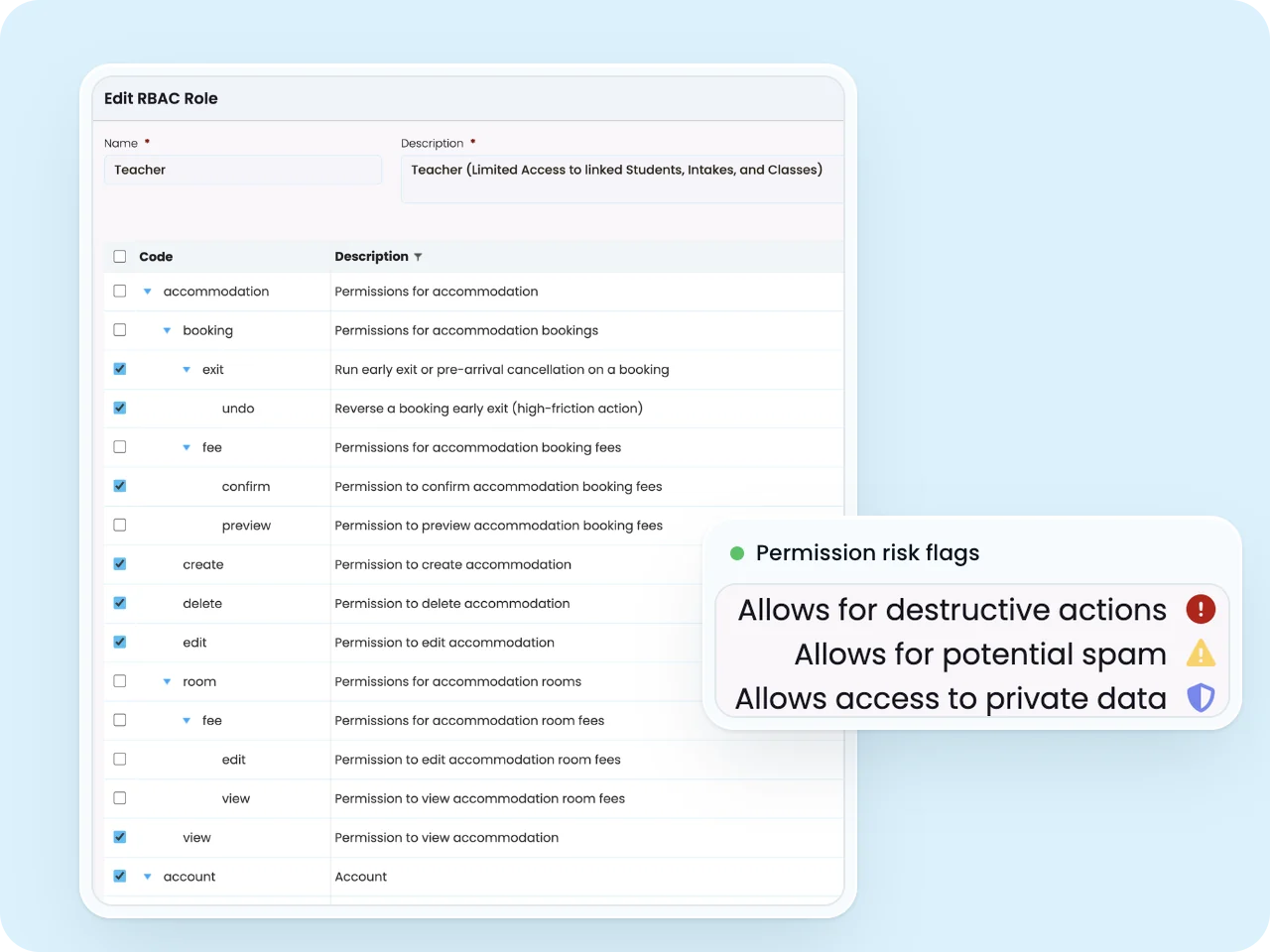 SELMA role editor for Teacher showing granular permissions with destructive, spam and privacy flags