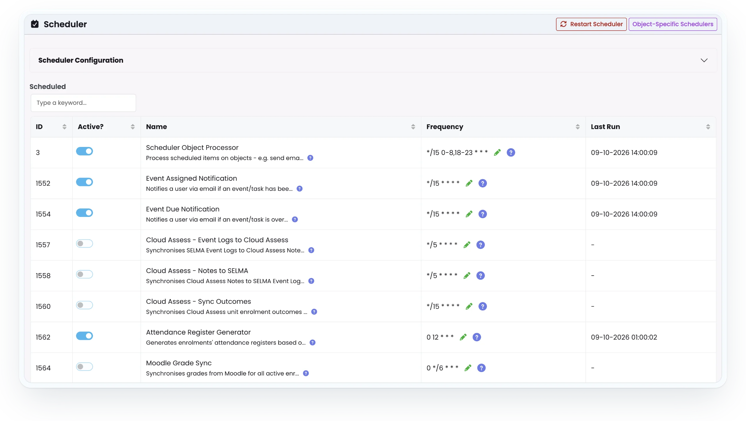 SELMA scheduler showing scheduled tasks with active toggles, cron frequencies and last run times