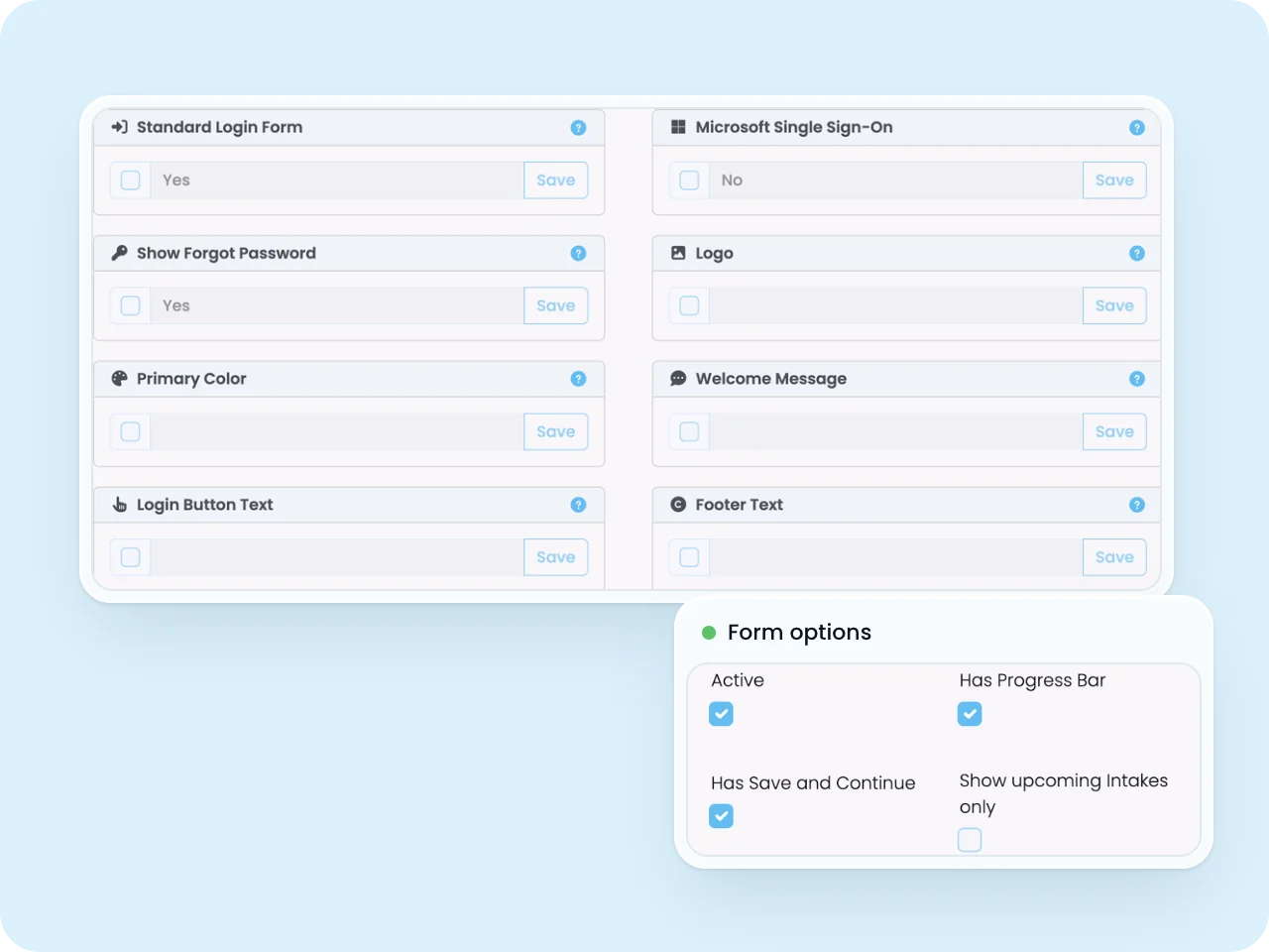 SELMA portal settings for logo, colours and login text, with form options such as a progress bar