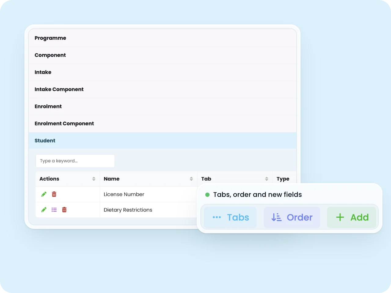 SELMA custom fields manager showing student custom fields with tab, order and add options