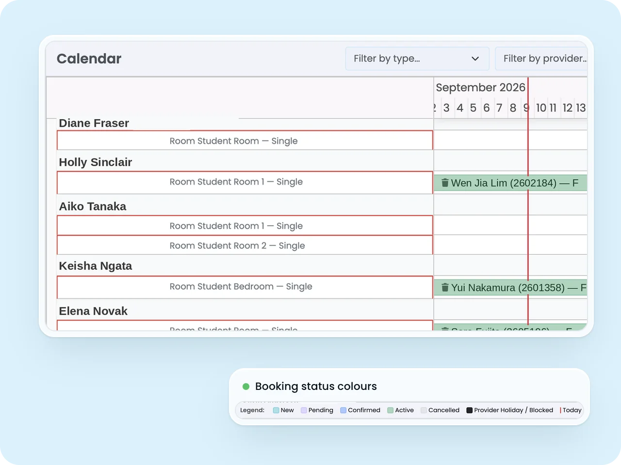 SELMA accommodation calendar with type, provider and city filters, booking bars by room and status legend