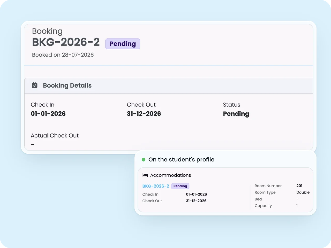 SELMA booking record showing pending status and check-in dates, with the booking on the student's profile