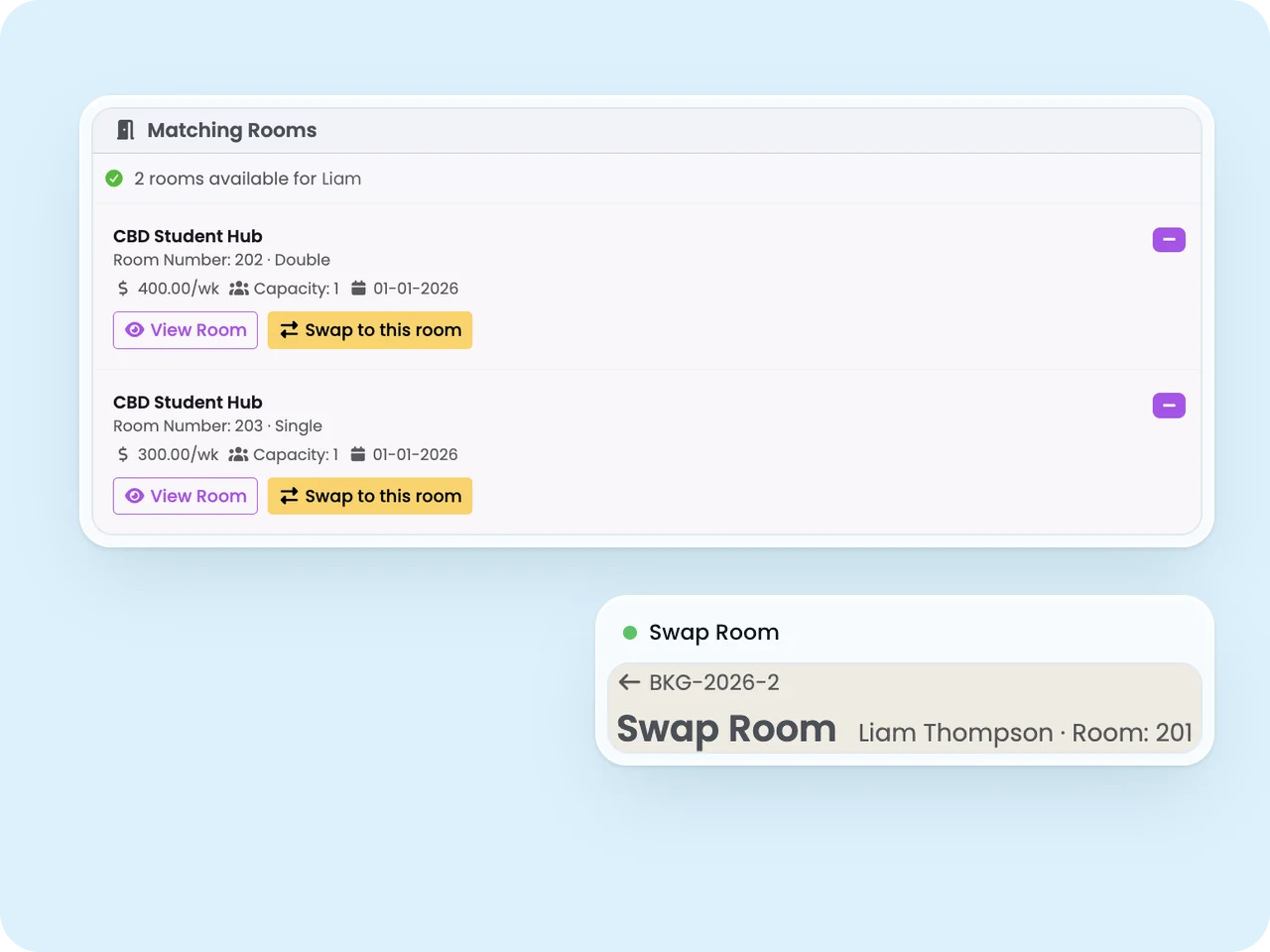 SELMA Swap Room screen showing two available rooms with Swap to this room buttons