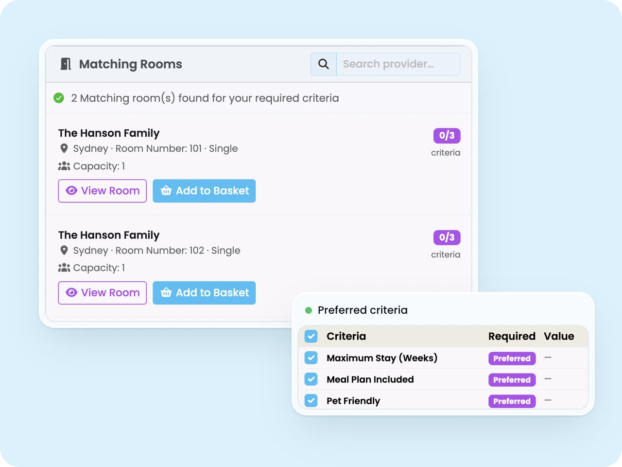 SELMA New Booking screen showing matching rooms in Sydney and the student's preferred criteria