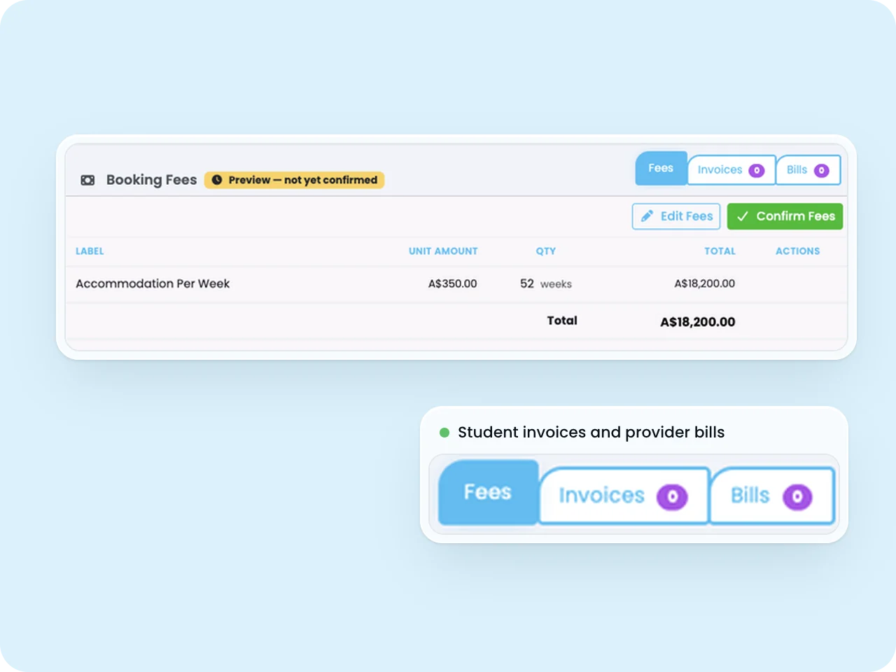 SELMA booking fees showing a weekly accommodation fee in A$, total, and Fees, Invoices and Bills tabs