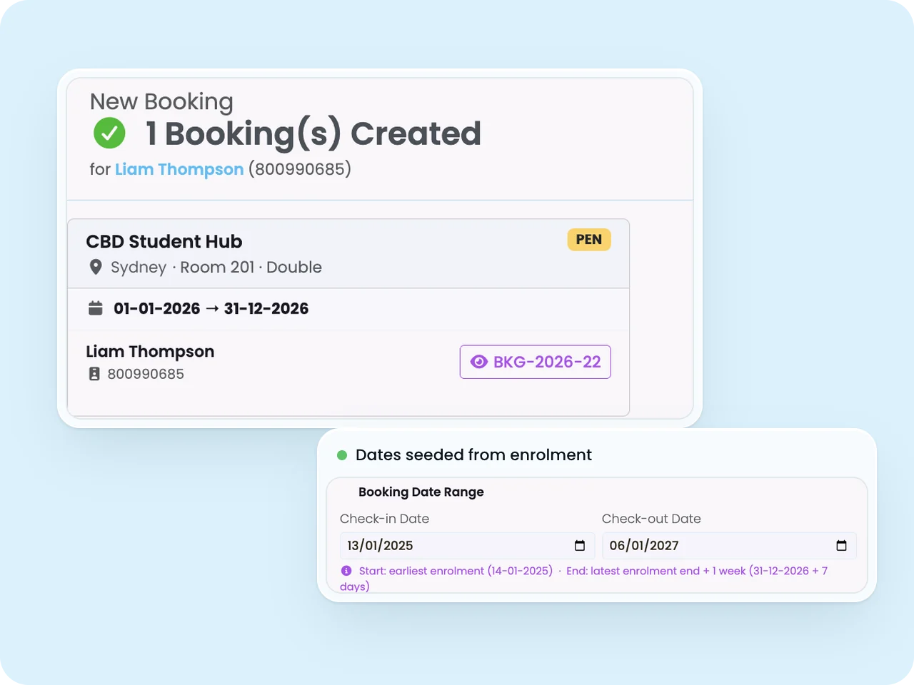 SELMA booking confirmation showing a created booking with reference number, room and dates seeded from enrolment