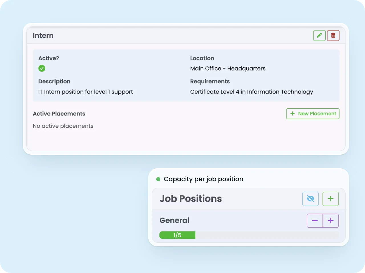 SELMA organisation job position showing location, description and requirements, with a 1 of 5 capacity bar